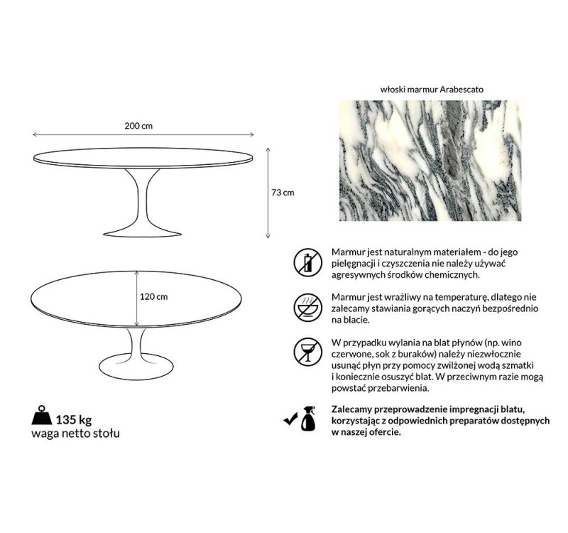 Stół TULIP ELLIPSE MARBLE ARABESCATO  - biały - blat owalny marmurowy, metal