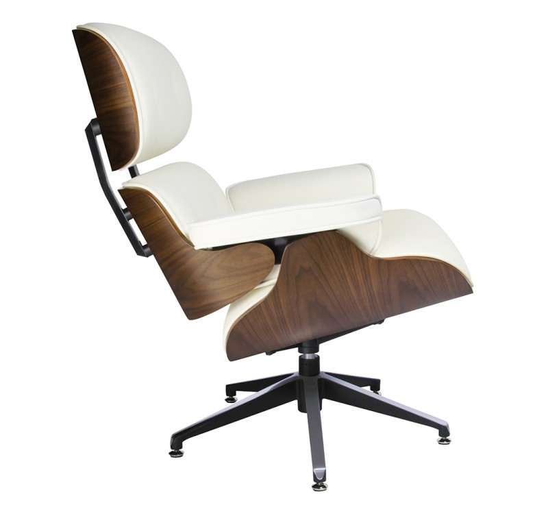 Fotel LOUNGE biały, sklejka orzech - skóra naturalna