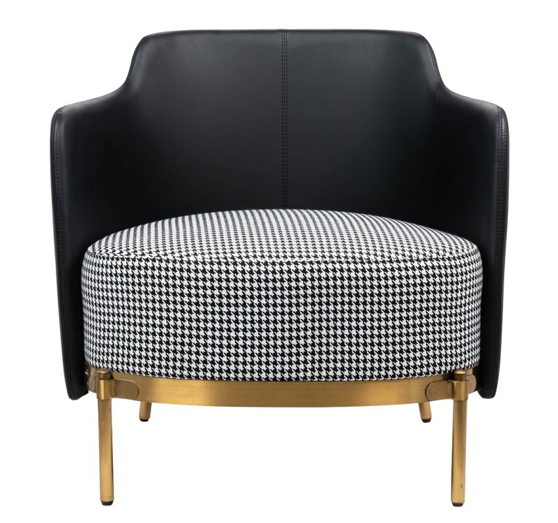 Fotel VENICE tkanina pepitka biało - czarna ekoskóra czarna - złota podstawa