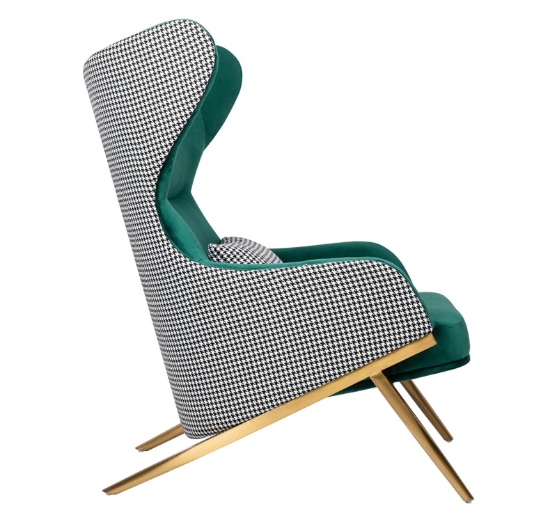 Fotel HAMPTON VELVET ciemny zielony tkanina pepitka biało - czarna