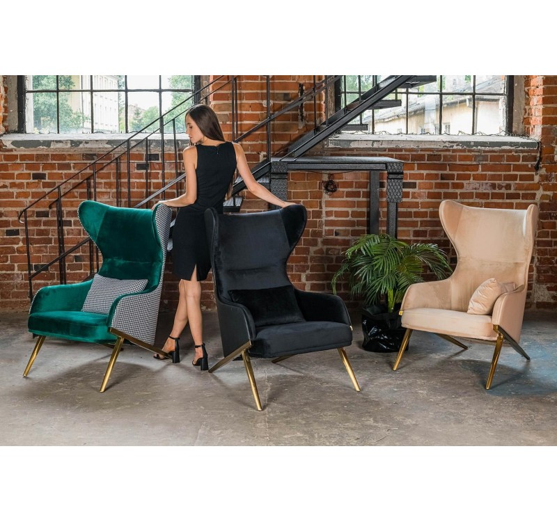 Fotel HAMPTON VELVET ciemny zielony tkanina pepitka biało - czarna