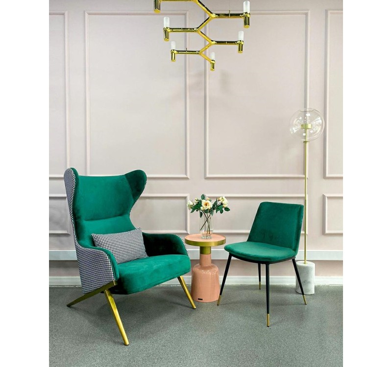 Fotel HAMPTON VELVET ciemny zielony tkanina pepitka biało - czarna