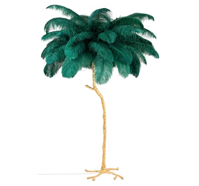 Lampa podłogowa TIFFANY 175 zielona  mosiądz / naturalne pióra