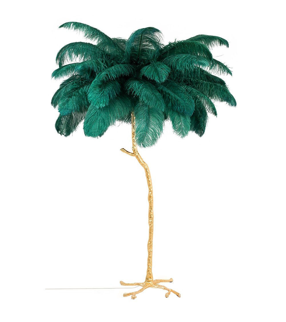 Lampa podłogowa TIFFANY 175 zielona  mosiądz / naturalne pióra