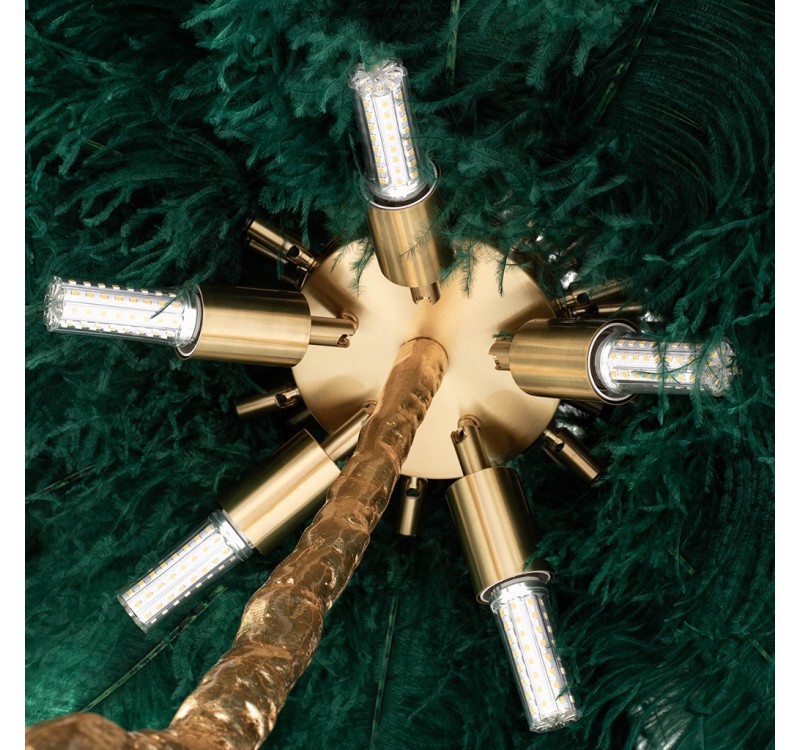 Lampa podłogowa TIFFANY 175 zielona  mosiądz / naturalne pióra