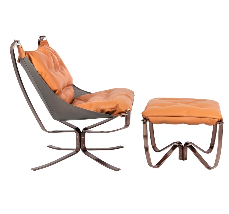 Fotel ARNI LOW z podnóżkiem - pomarańczowa ekoskóra, podstawa ciemna miedziana