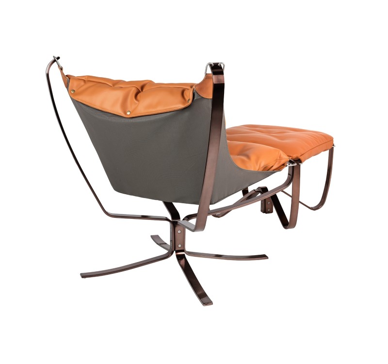 Fotel ARNI LOW z podnóżkiem - pomarańczowa ekoskóra, podstawa ciemna miedziana
