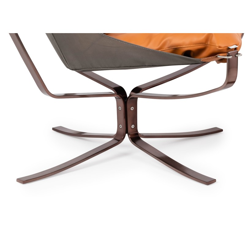 Fotel ARNI LOW z podnóżkiem - pomarańczowa ekoskóra, podstawa ciemna miedziana