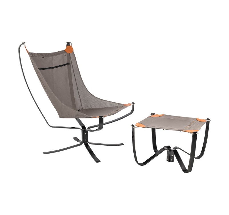 Fotel ARNI HIGH z podnóżkiem czarny - ekoskóra, stal szczotkowana