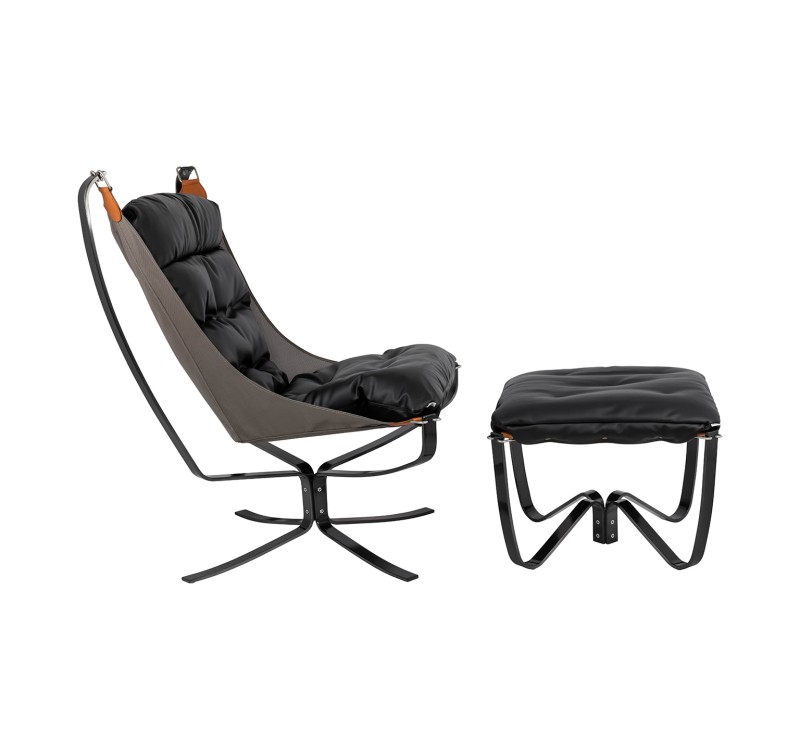 Fotel ARNI HIGH z podnóżkiem czarny - ekoskóra, stal szczotkowana