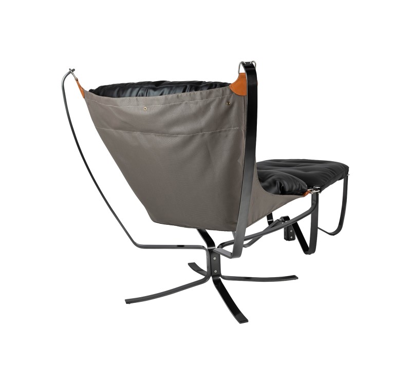 Fotel ARNI HIGH z podnóżkiem czarny - ekoskóra, stal szczotkowana