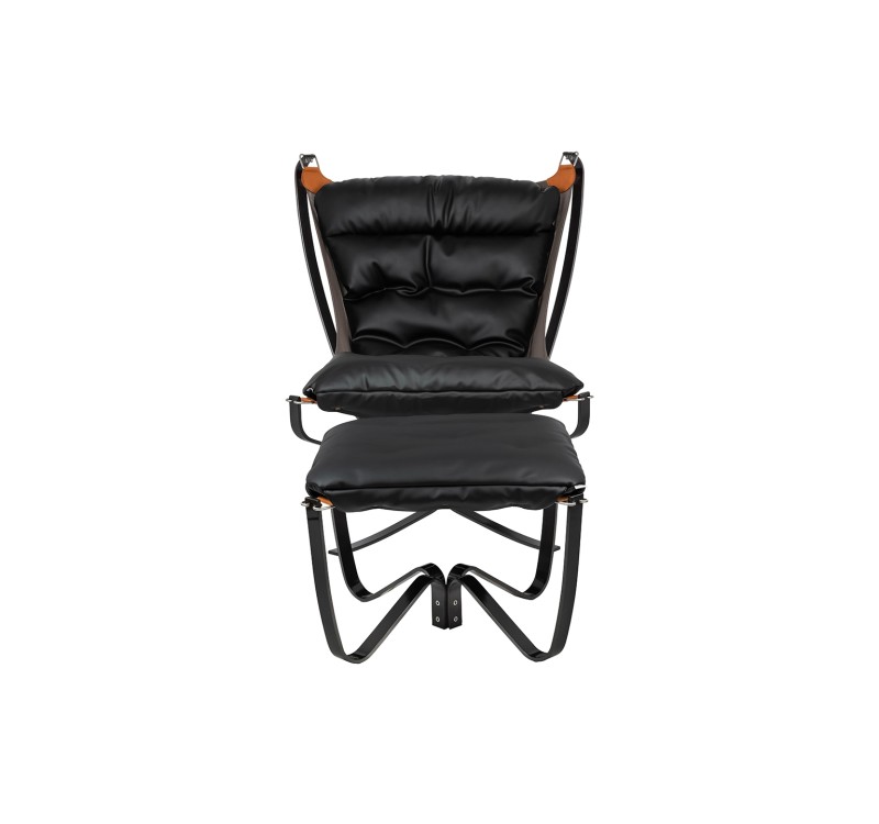 Fotel ARNI HIGH z podnóżkiem czarny - ekoskóra, stal szczotkowana