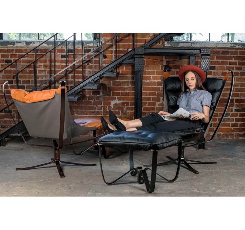 Fotel ARNI HIGH z podnóżkiem czarny - ekoskóra, stal szczotkowana