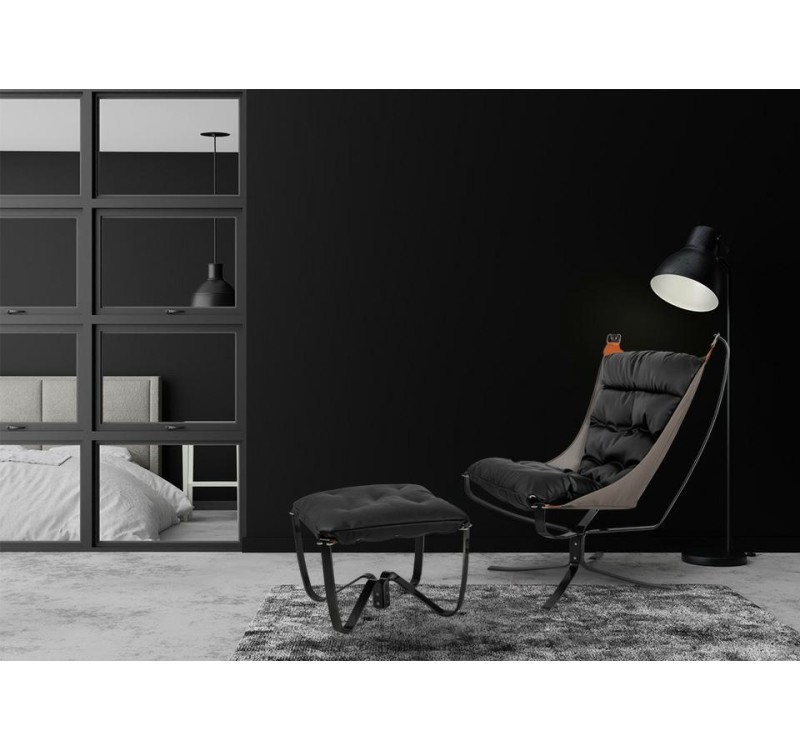 Fotel ARNI HIGH z podnóżkiem czarny - ekoskóra, stal szczotkowana