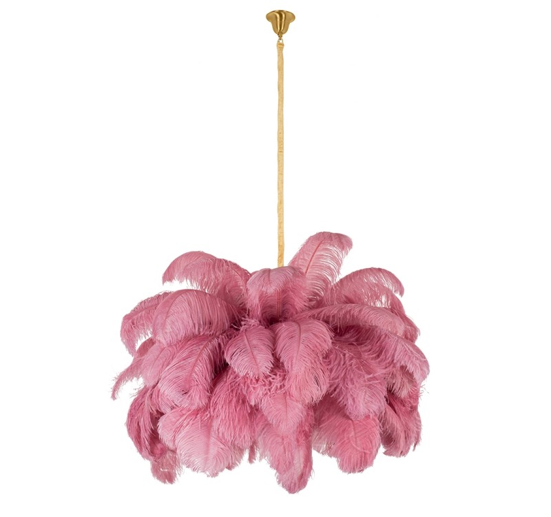 Lampa wisząca TIFFANY 135 różowa mosiądz / naturalne pióra