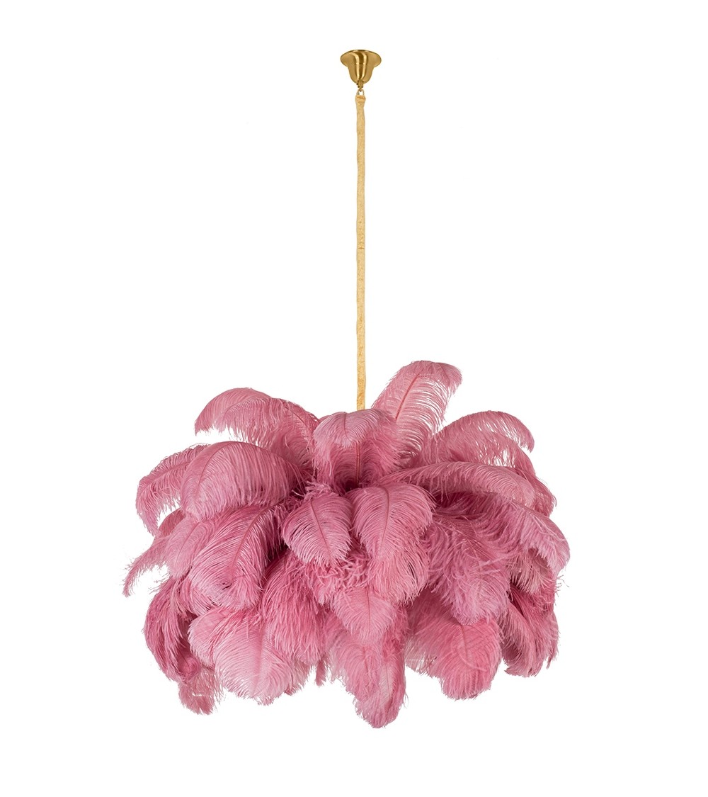 Lampa wisząca TIFFANY 135 różowa mosiądz / naturalne pióra