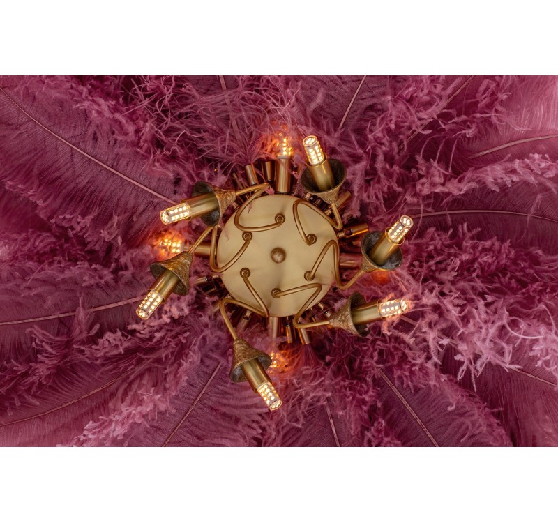 Lampa wisząca TIFFANY 135 różowa mosiądz / naturalne pióra