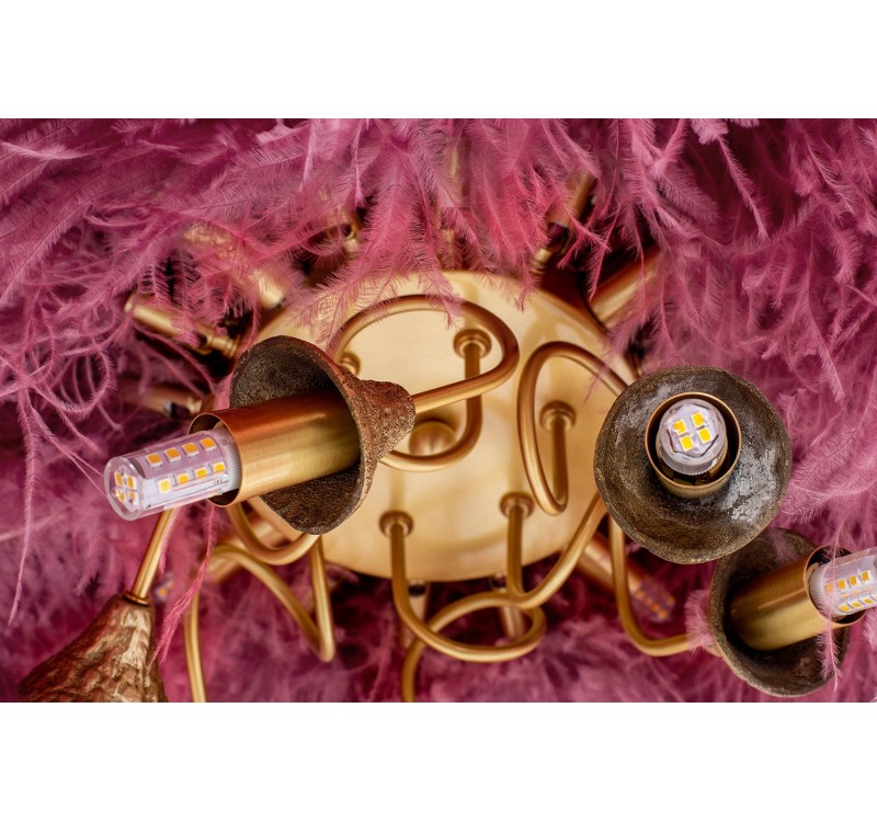 Lampa wisząca TIFFANY 135 różowa mosiądz / naturalne pióra