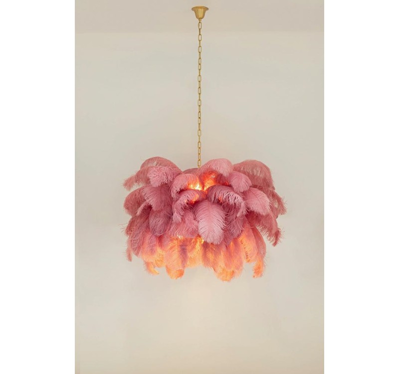 Lampa wisząca TIFFANY 135 różowa mosiądz / naturalne pióra