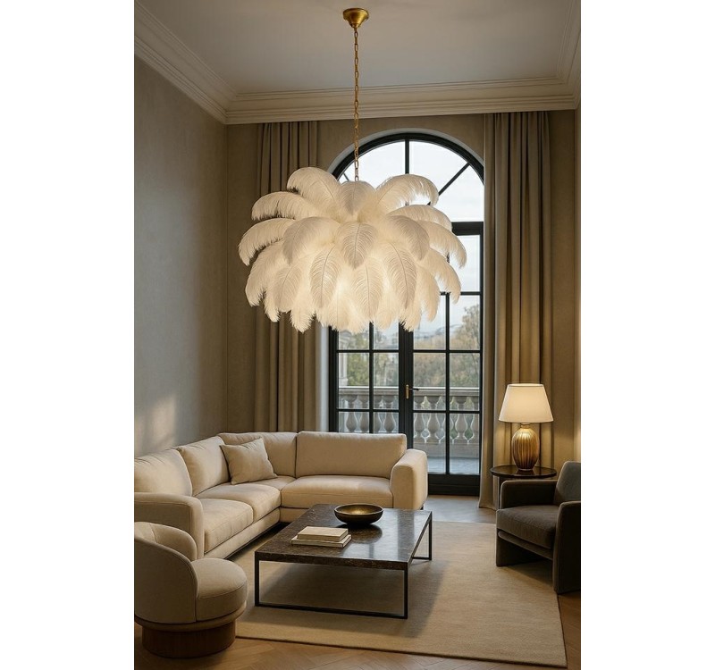 MOOSEE lampa wisząca TIFFANY 135 biała    mosiądz / naturalne pióra