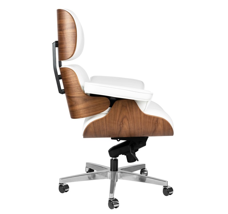 Fotel biurowy LOUNGE GUBERNATOR biały - sklejka orzech, skóra naturalna, stal polerowana