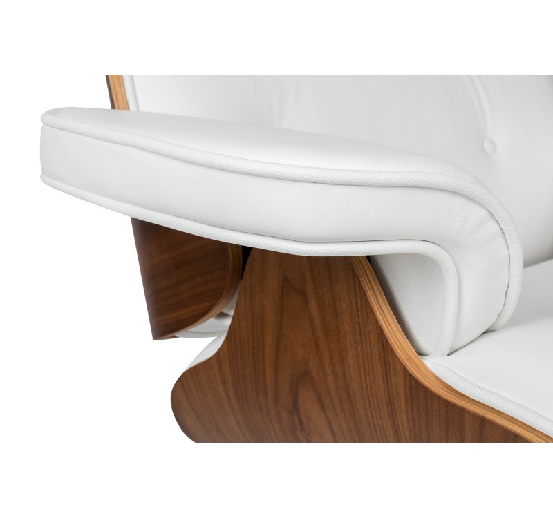 Fotel biurowy LOUNGE GUBERNATOR biały - sklejka orzech, skóra naturalna, stal polerowana