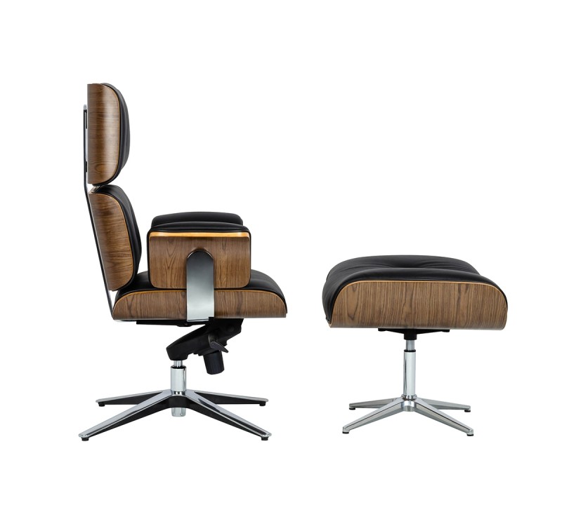 Fotel biurowy LOUNGE BUSINESS czarny z podnóżkiem - sklejka orzech, skóra naturalna, stal polerowana