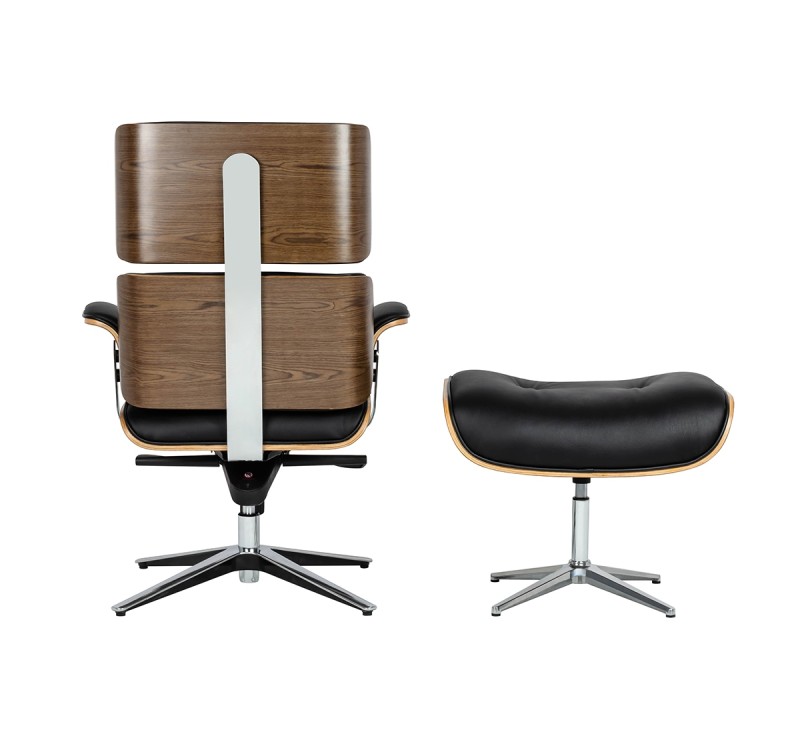 Fotel biurowy LOUNGE BUSINESS czarny z podnóżkiem - sklejka orzech, skóra naturalna, stal polerowana