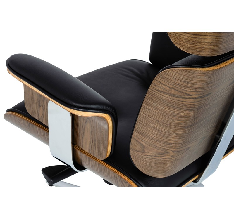 Fotel biurowy LOUNGE BUSINESS czarny z podnóżkiem - sklejka orzech, skóra naturalna, stal polerowana