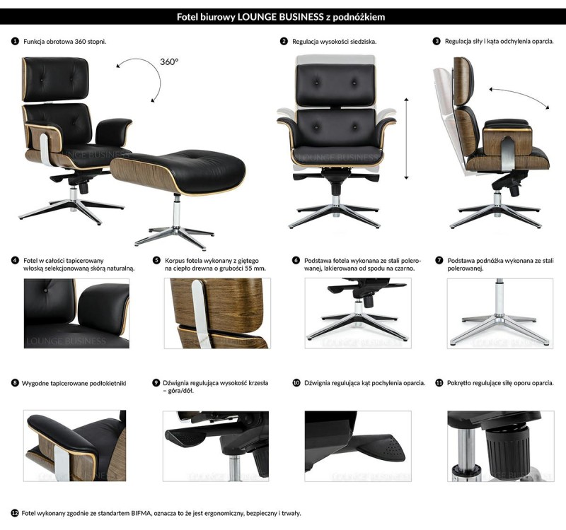 Fotel biurowy LOUNGE BUSINESS czarny z podnóżkiem - sklejka orzech, skóra naturalna, stal polerowana