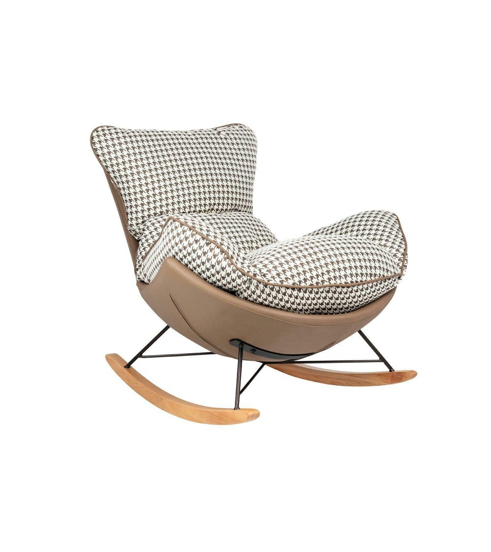 Fotel bujany OTILIA brązowa pepitka -  drewniane płozy, ekoskóra