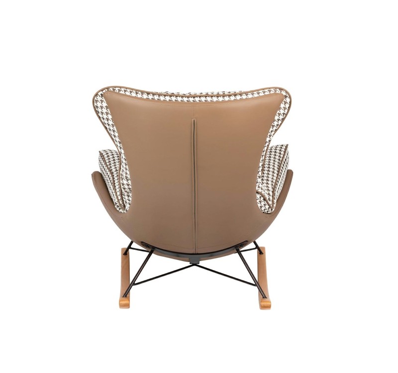 Fotel bujany OTILIA brązowa pepitka -  drewniane płozy, ekoskóra