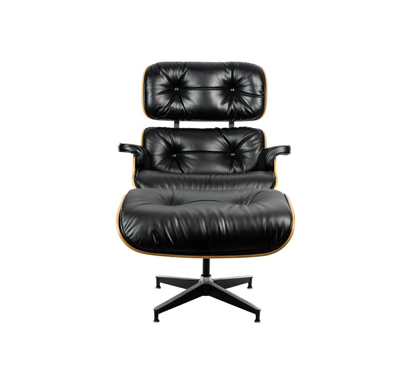 Fotel LOUNGE HM SOFT PREMIUM SZEROKI z podnóżkiem czarny  - sklejka orzech, skóra naturalna