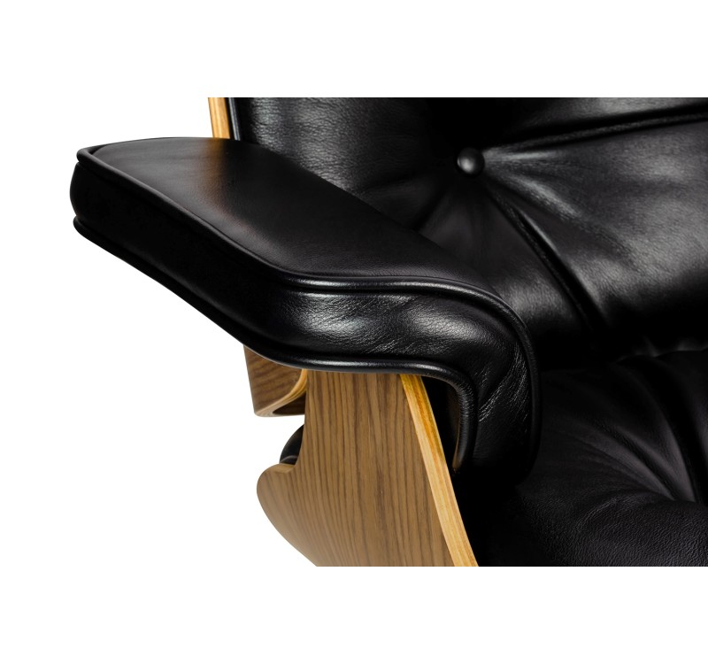 Fotel LOUNGE HM SOFT PREMIUM SZEROKI z podnóżkiem czarny  - sklejka orzech, skóra naturalna