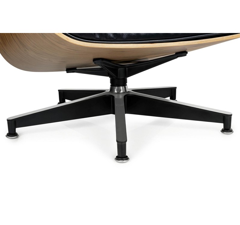 Fotel LOUNGE HM SOFT PREMIUM SZEROKI z podnóżkiem czarny  - sklejka orzech, skóra naturalna