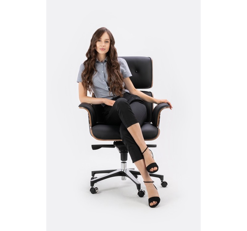 Fotel biurowy LOUNGE BUSINESS czarny - sklejka różana, skóra naturalna, stal polerowana