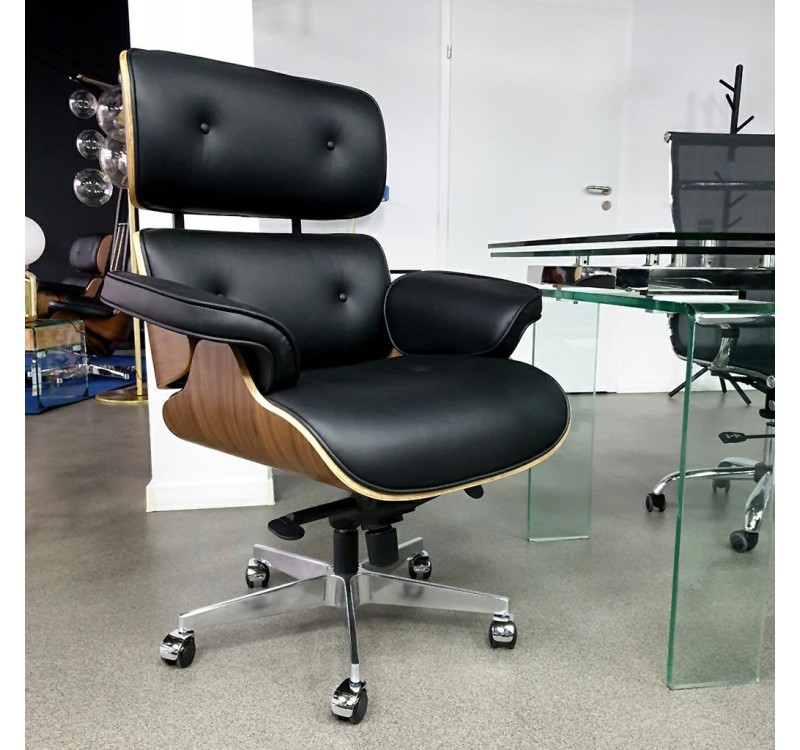 Fotel biurowy LOUNGE GUBERNATOR czarny - sklejka orzech, skóra naturalna, stal polerowana