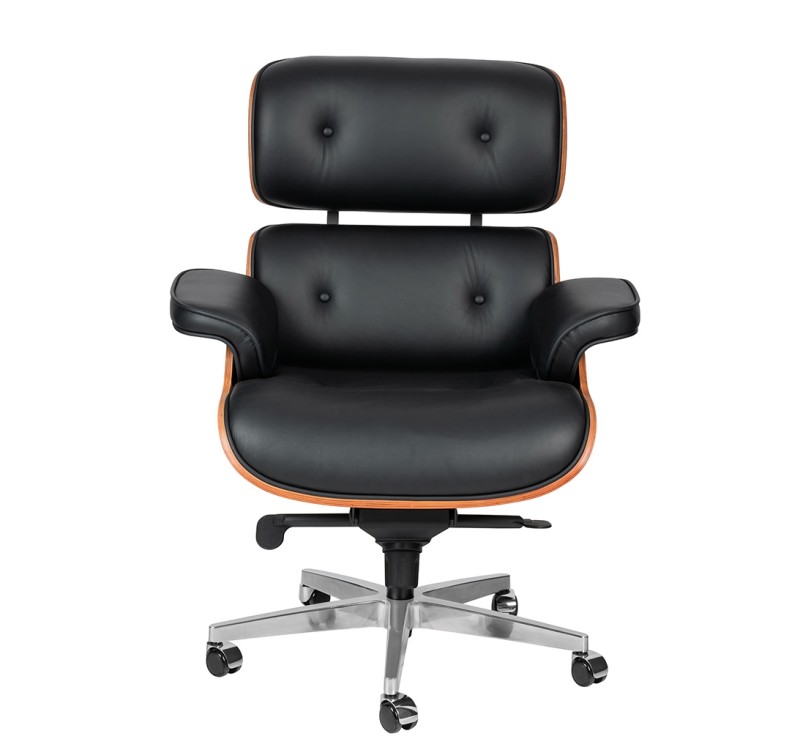 Fotel biurowy LOUNGE GUBERNATOR czarny - sklejka orzech, skóra naturalna, stal polerowana