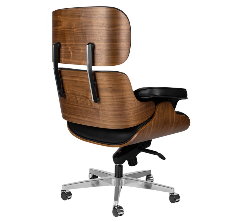 Fotel biurowy LOUNGE GUBERNATOR czarny - sklejka orzech, skóra naturalna, stal polerowana