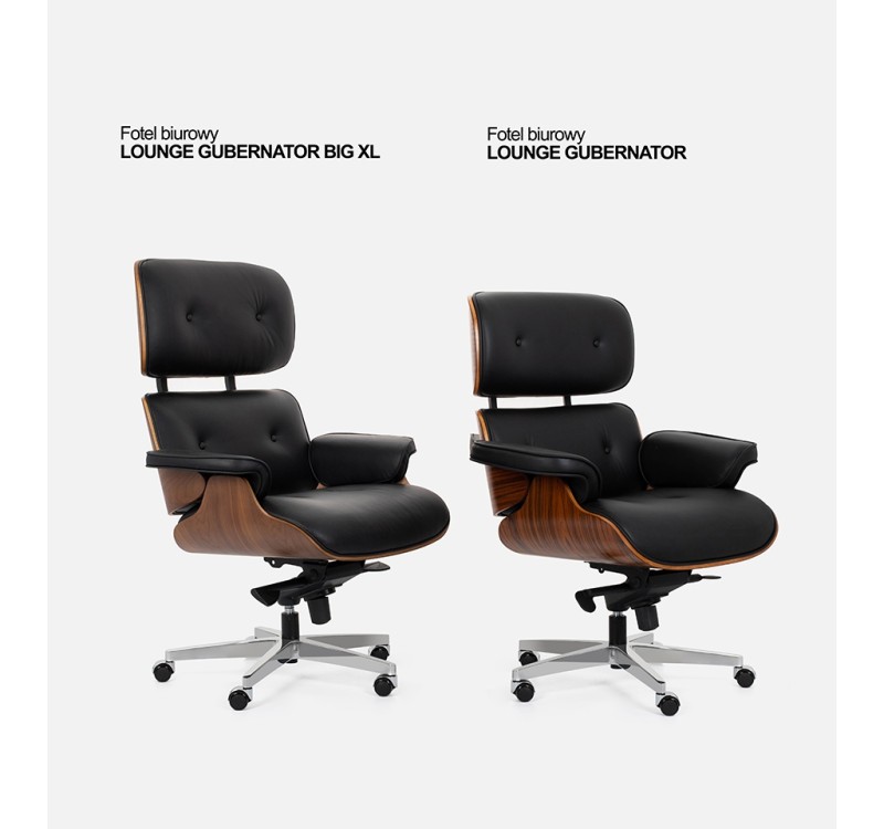 Fotel biurowy LOUNGE GUBERNATOR BIG XL czarny - sklejka orzech, skóra naturalna, stal polerowana