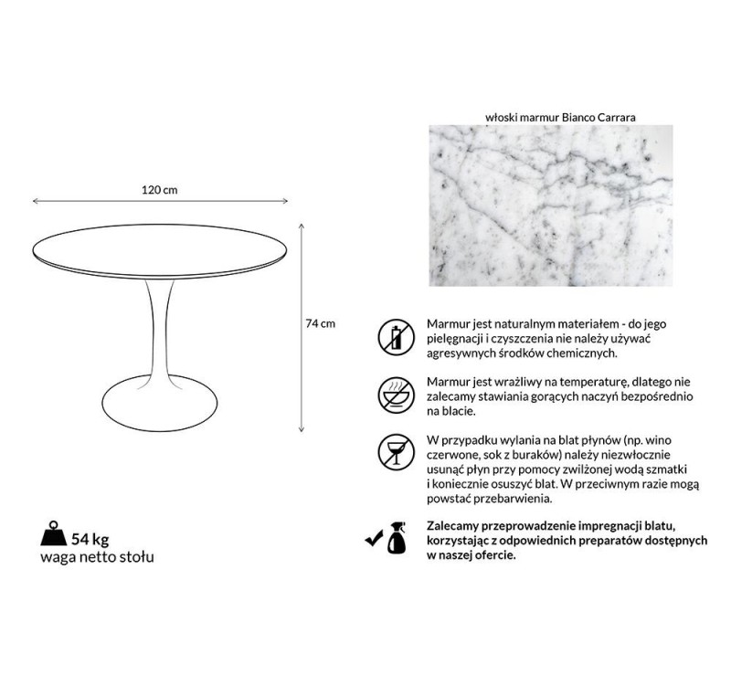 Stół TULIP MARBLE 120 CARRARA biały - blat okrągły marmurowy, metal