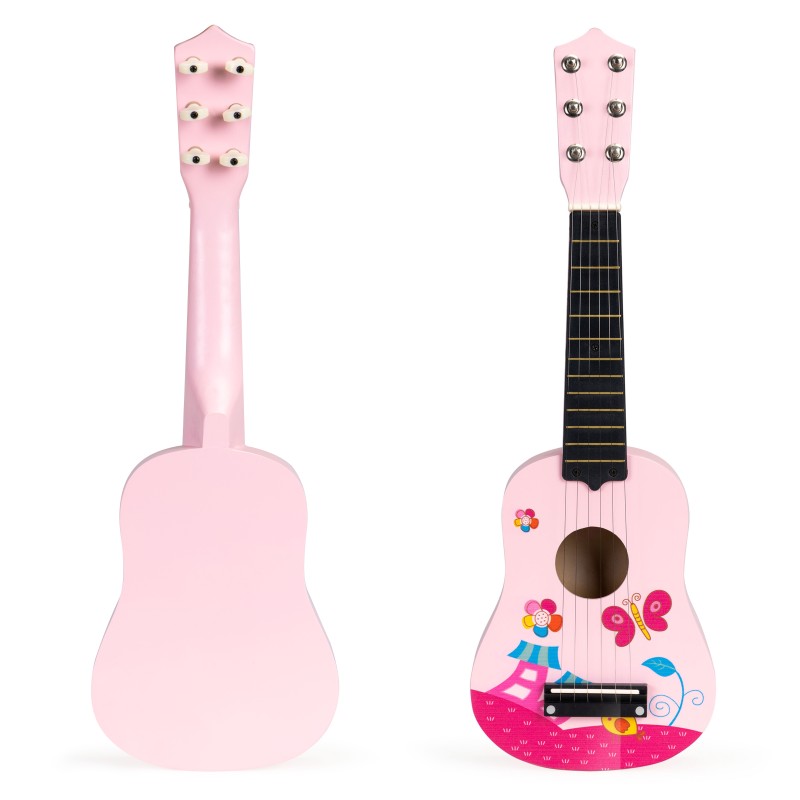 Gitara dla dzieci drewniana metalowe struny kostka różowa ECOTOYS