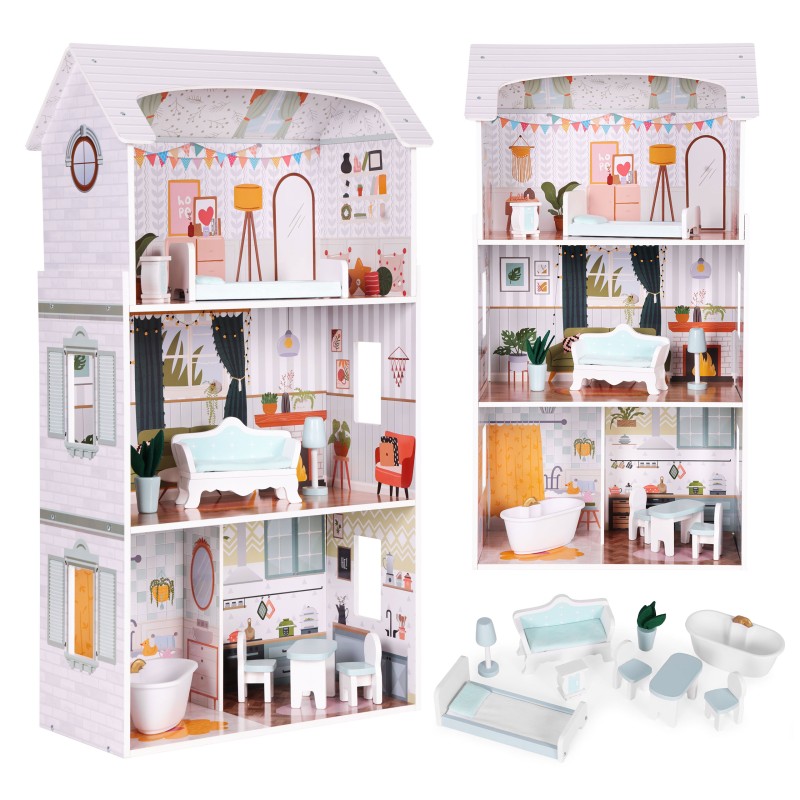 Domek dla lalek Alice 3 piętra 4 pomieszczenia komplet 9 mebelków ECOTOYS