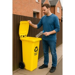 Kosz na smieci pojemnik 120L kubeł śmietnik żółty plastik gumowe koła