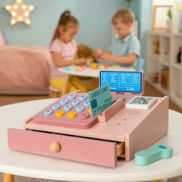 Drewniana kasa fiskalna dla dzieci skaner banknoty monety karta