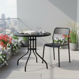 Stolik ogrodowy okrągły 80 cm szkło hartowane otwór na parasol czarny MultiGarden