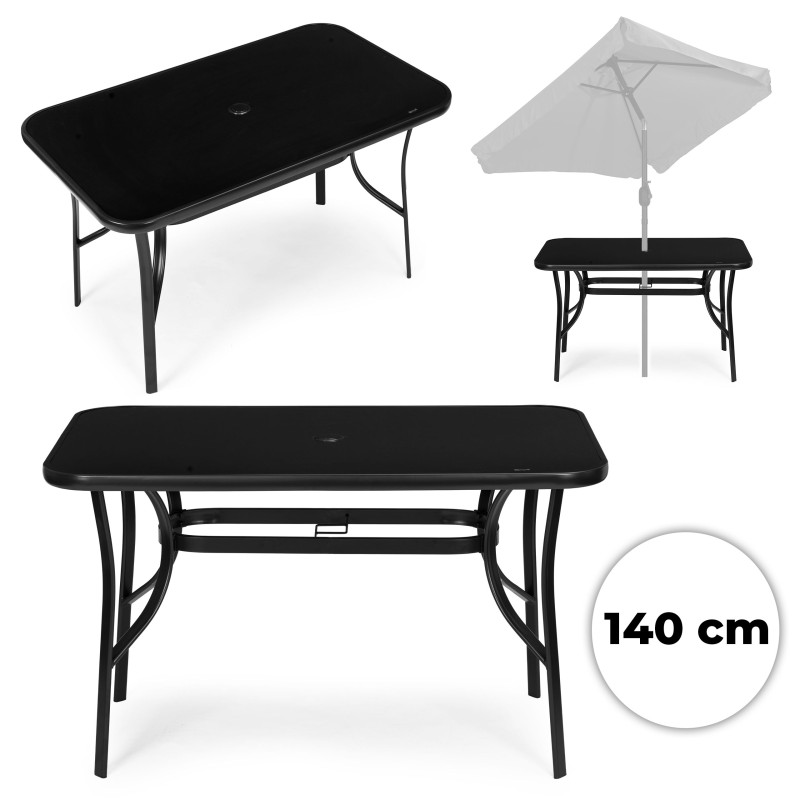 Stół ogrodowy 140x80 cm szkło hartowane otwór na parasol czarny MultiGarden