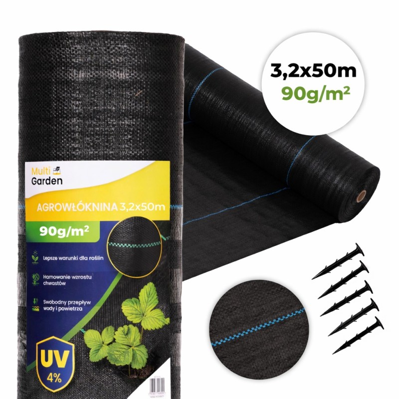 Agrowłóknina czarna agrotkanina UV 90g mata antychwastowa 3,2x50m kołki MulltiGarden