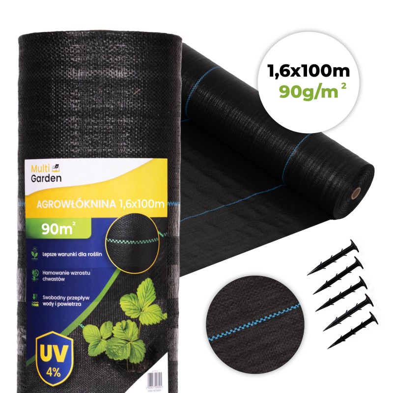 Agrowłóknina czarna agrotkanina UV 90g mata antychwastowa 1,6x100m kołki MulltiGarden