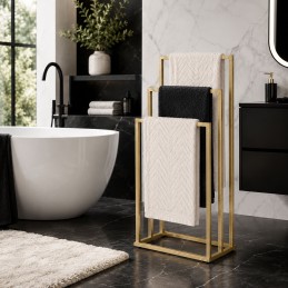 Stojak na ręczniki wieszak wolnostojący metalowy 3 ramiona złoty ModernHome